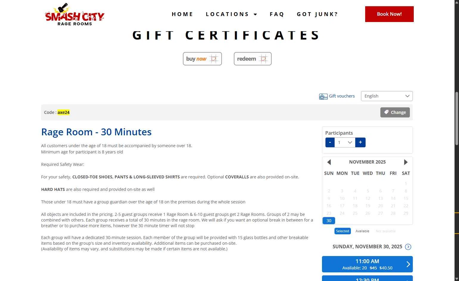 Smash City Rage Room checkout page showing Smash City Rage Room promo code box | Screenshot taken by SimplyCodes community member on Nov 30, 2025