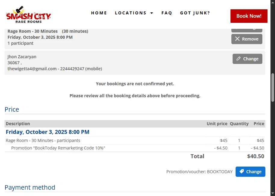 Smash City Rage Room checkout page showing Smash City Rage Room promo code box | Screenshot taken by SimplyCodes community member on Oct 3, 2025
