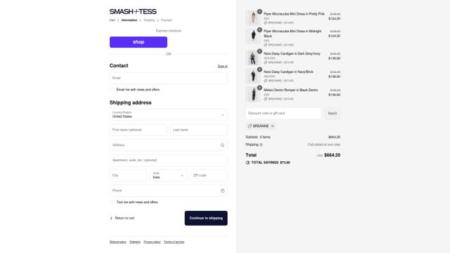 Smash Tess checkout page showing Smash Tess promo code box | Screenshot taken by SimplyCodes community member on Sep 15, 2025