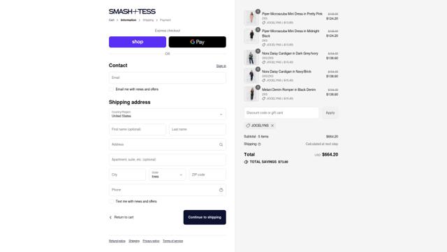 Smash Tess checkout page showing Smash Tess promo code box | Screenshot taken by SimplyCodes community member on Sep 15, 2025