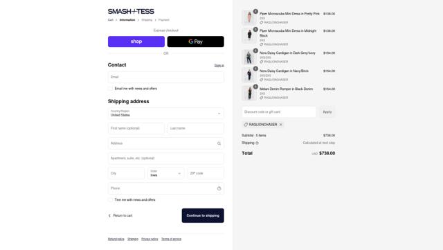 Smash Tess checkout page showing Smash Tess promo code box | Screenshot taken by SimplyCodes community member on Sep 15, 2025
