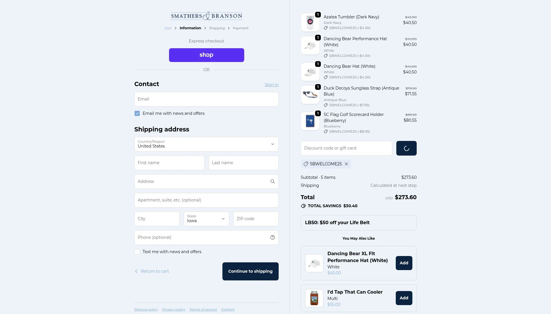 Smathers & Branson checkout page showing Smathers & Branson coupon code box | Screenshot taken by SimplyCodes community member on Feb 23, 2026
