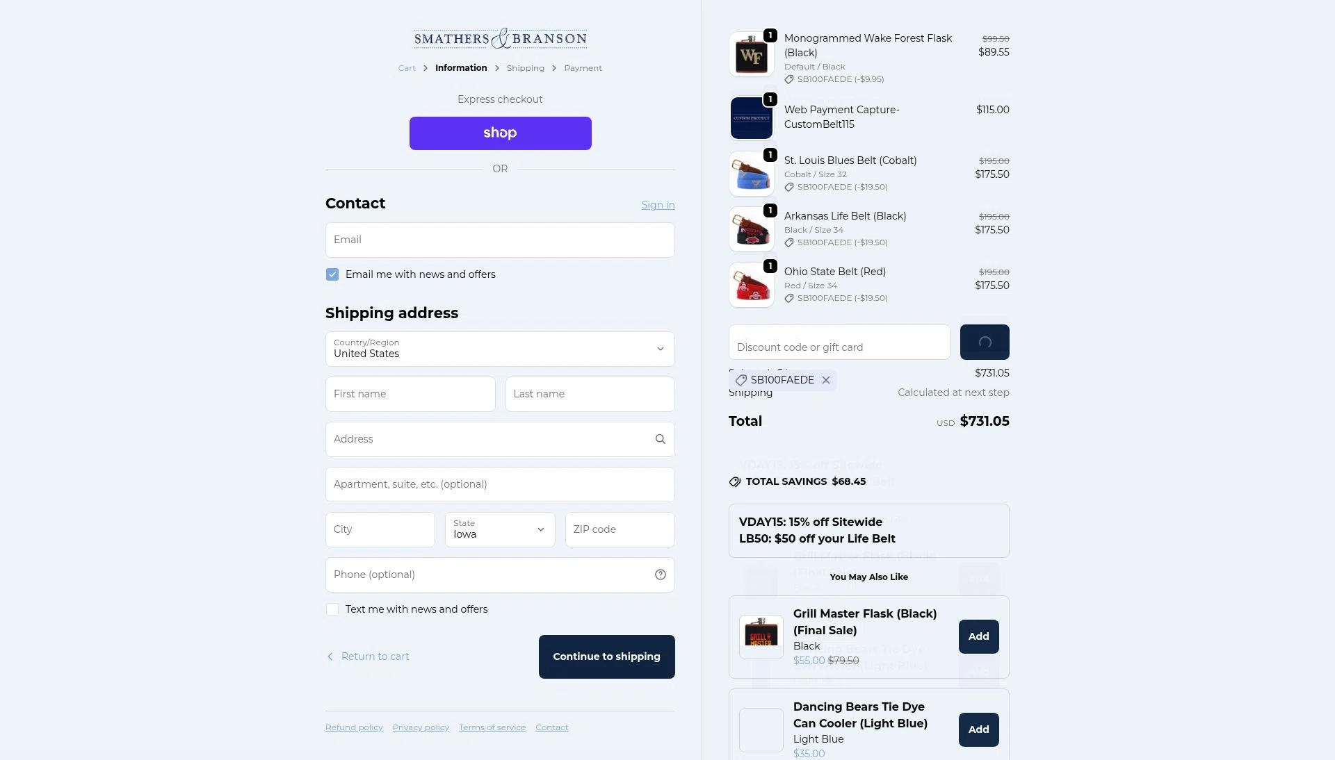 Smathers & Branson checkout page showing Smathers & Branson coupon code box | Screenshot taken by SimplyCodes community member on Feb 14, 2026