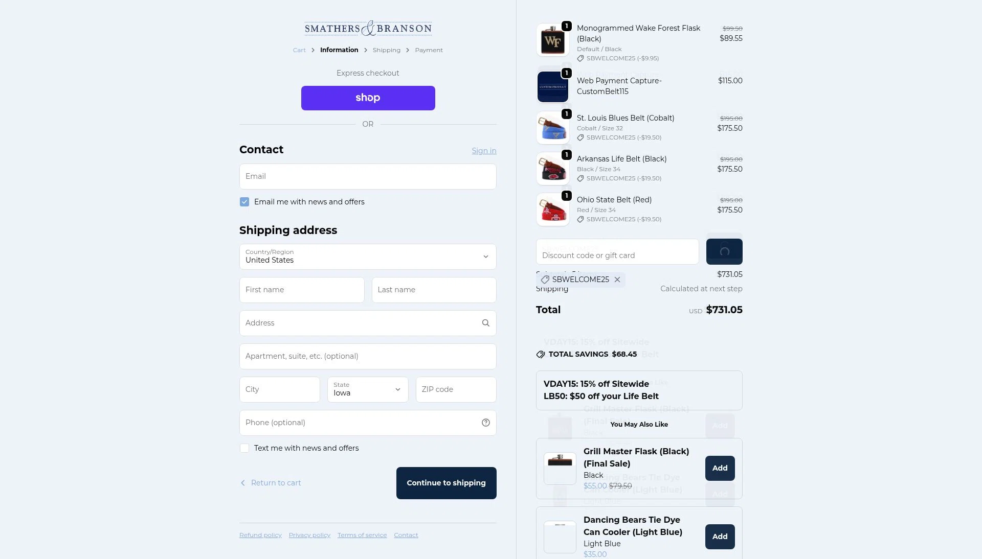 Smathers & Branson checkout page showing Smathers & Branson coupon code box | Screenshot taken by SimplyCodes community member on Feb 14, 2026