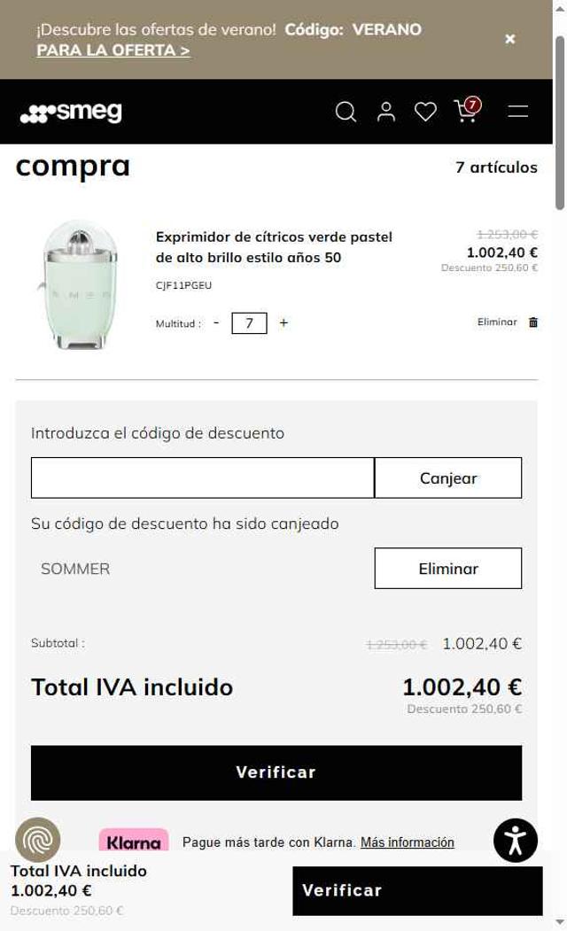 Smeg checkout page showing Smeg promo code box | Screenshot taken by SimplyCodes community member on Aug 4, 2025