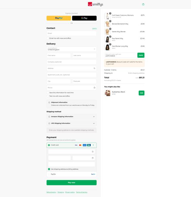 Smiffy's checkout page showing Smiffy's discount code box | Screenshot taken by SimplyCodes community member on Aug 31, 2025