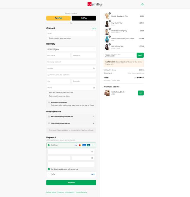 Smiffy's checkout page showing Smiffy's discount code box | Screenshot taken by SimplyCodes community member on Aug 27, 2025