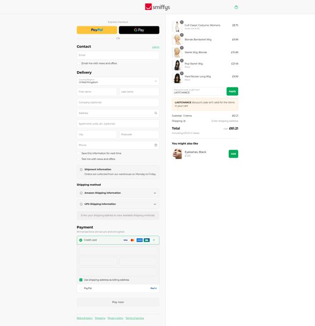 Smiffy's checkout page showing Smiffy's discount code box | Screenshot taken by SimplyCodes community member on Sep 4, 2025