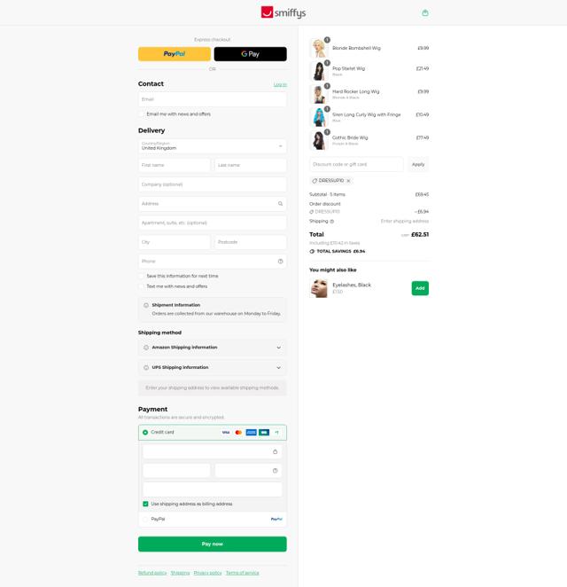 Smiffy's checkout page showing Smiffy's discount code box | Screenshot taken by SimplyCodes community member on Aug 27, 2025