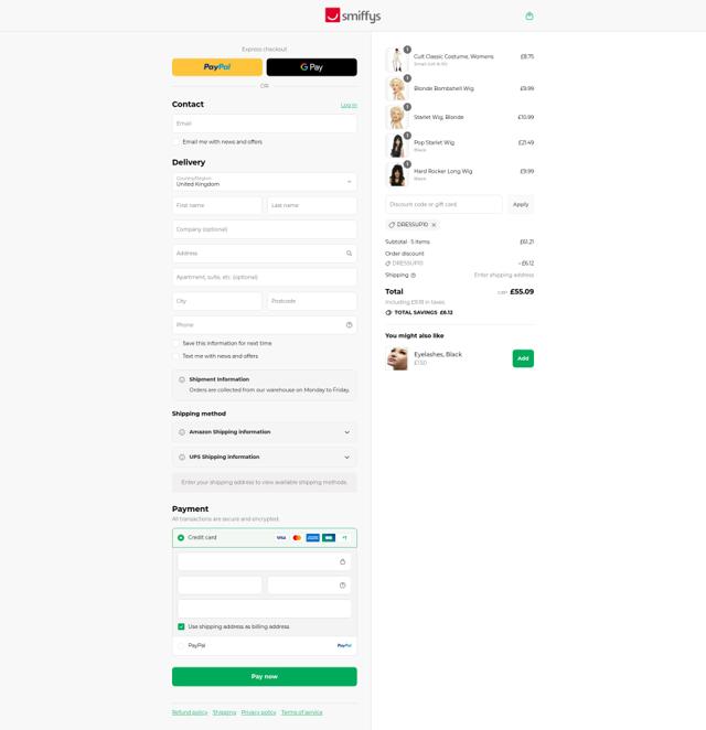 Smiffy's checkout page showing Smiffy's discount code box | Screenshot taken by SimplyCodes community member on Aug 31, 2025