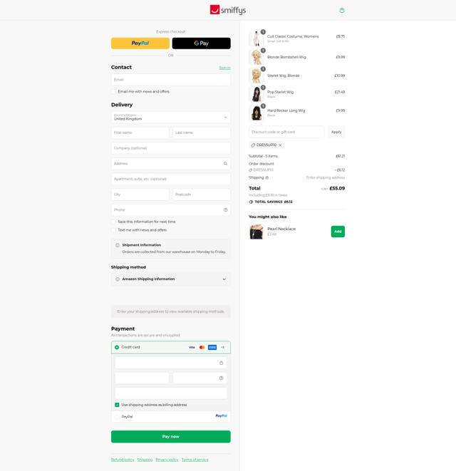 Smiffy's checkout page showing Smiffy's discount code box | Screenshot taken by SimplyCodes community member on Sep 12, 2025