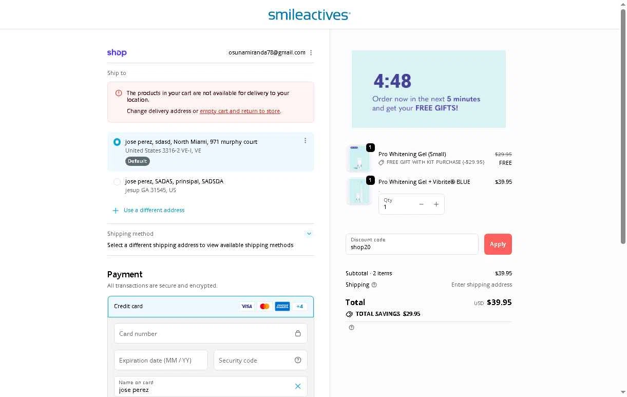 Smileactives checkout page showing Smileactives discount code box | Screenshot taken by SimplyCodes community member on Feb 12, 2026