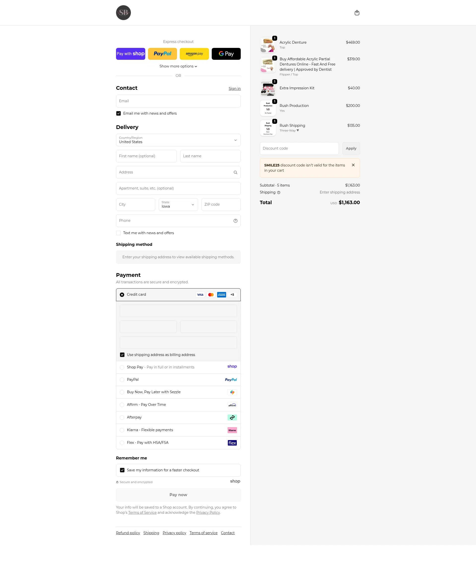 Smile Boutique NY checkout page showing Smile Boutique NY coupon code box | Screenshot taken by SimplyCodes community member on Jan 7, 2026