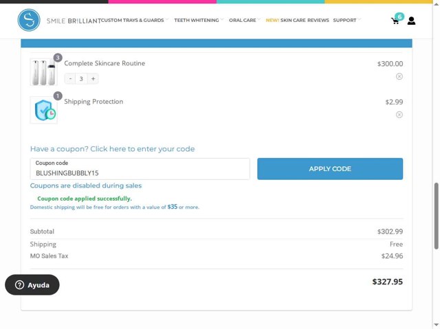 Smile Brilliant checkout page showing Smile Brilliant coupon code box | Screenshot taken by SimplyCodes community member on Aug 25, 2025