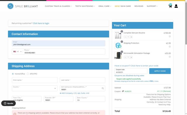 Smile Brilliant checkout page showing Smile Brilliant coupon code box | Screenshot taken by SimplyCodes community member on Aug 27, 2025