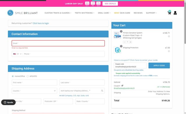 Smile Brilliant checkout page showing Smile Brilliant coupon code box | Screenshot taken by SimplyCodes community member on Aug 28, 2025