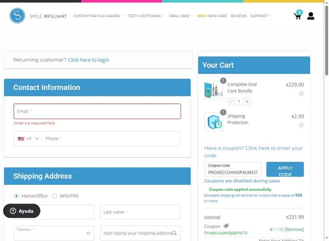 Smile Brilliant checkout page showing Smile Brilliant coupon code box | Screenshot taken by SimplyCodes community member on Aug 25, 2025