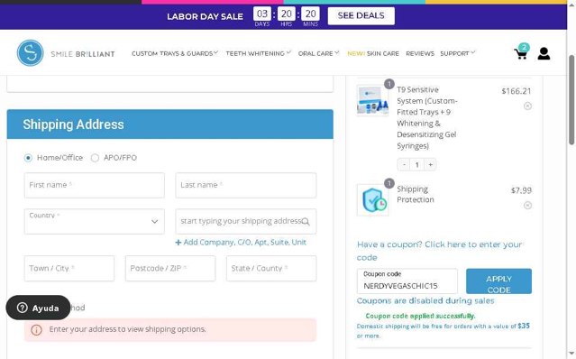 Smile Brilliant checkout page showing Smile Brilliant coupon code box | Screenshot taken by SimplyCodes community member on Aug 28, 2025