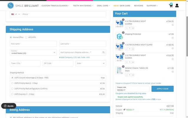Smile Brilliant checkout page showing Smile Brilliant coupon code box | Screenshot taken by SimplyCodes community member on Aug 25, 2025