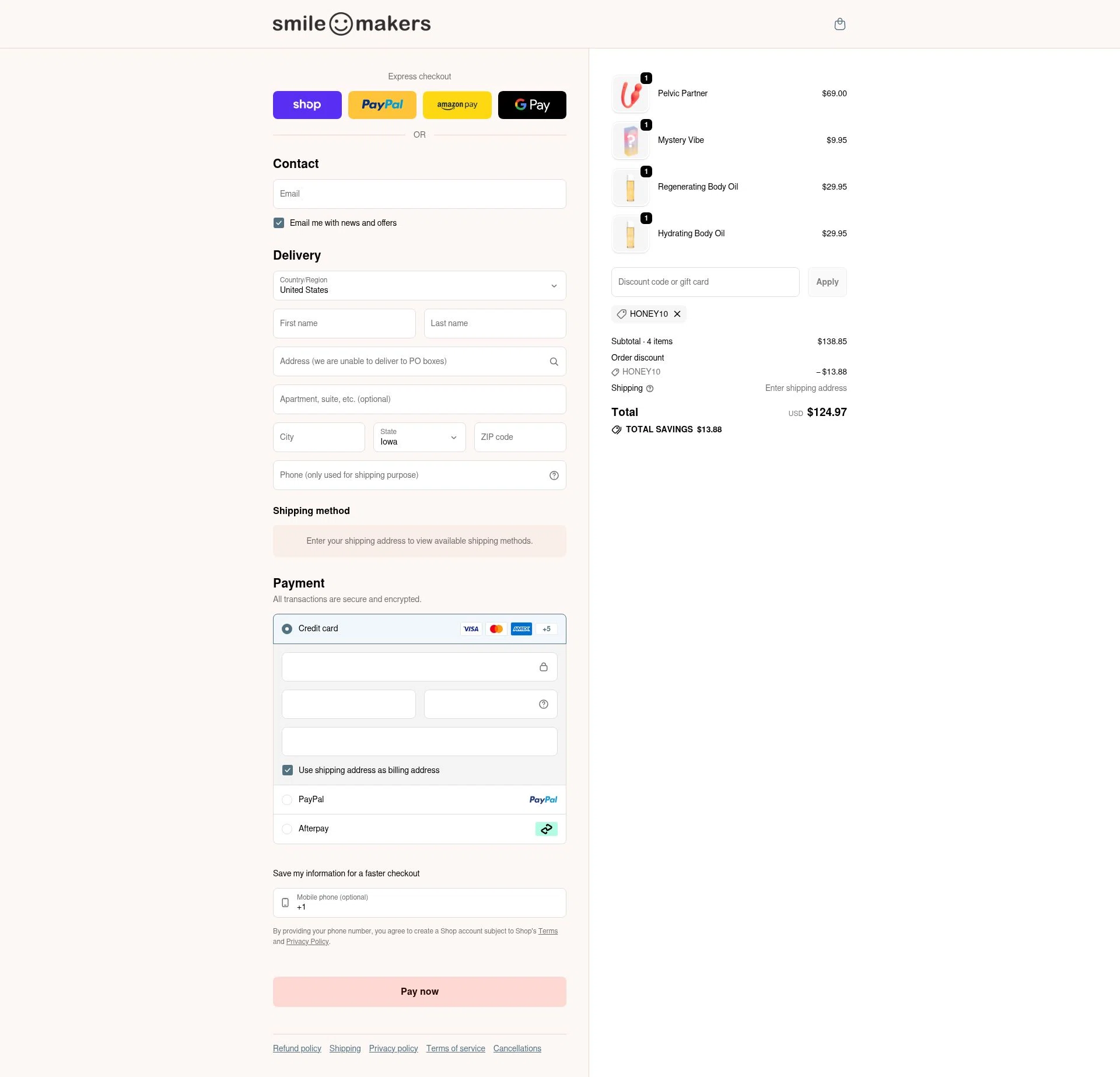 Smile Makers checkout page showing Smile Makers promo code box | Screenshot taken by SimplyCodes community member on Feb 13, 2026