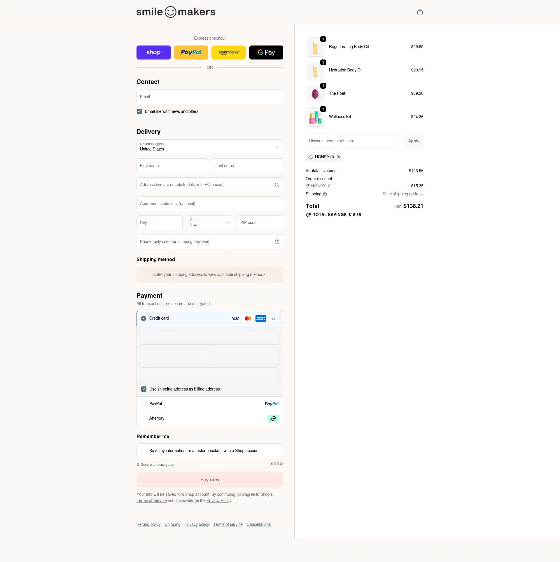 Smile Makers checkout page showing Smile Makers promo code box | Screenshot taken by SimplyCodes community member on Dec 10, 2025