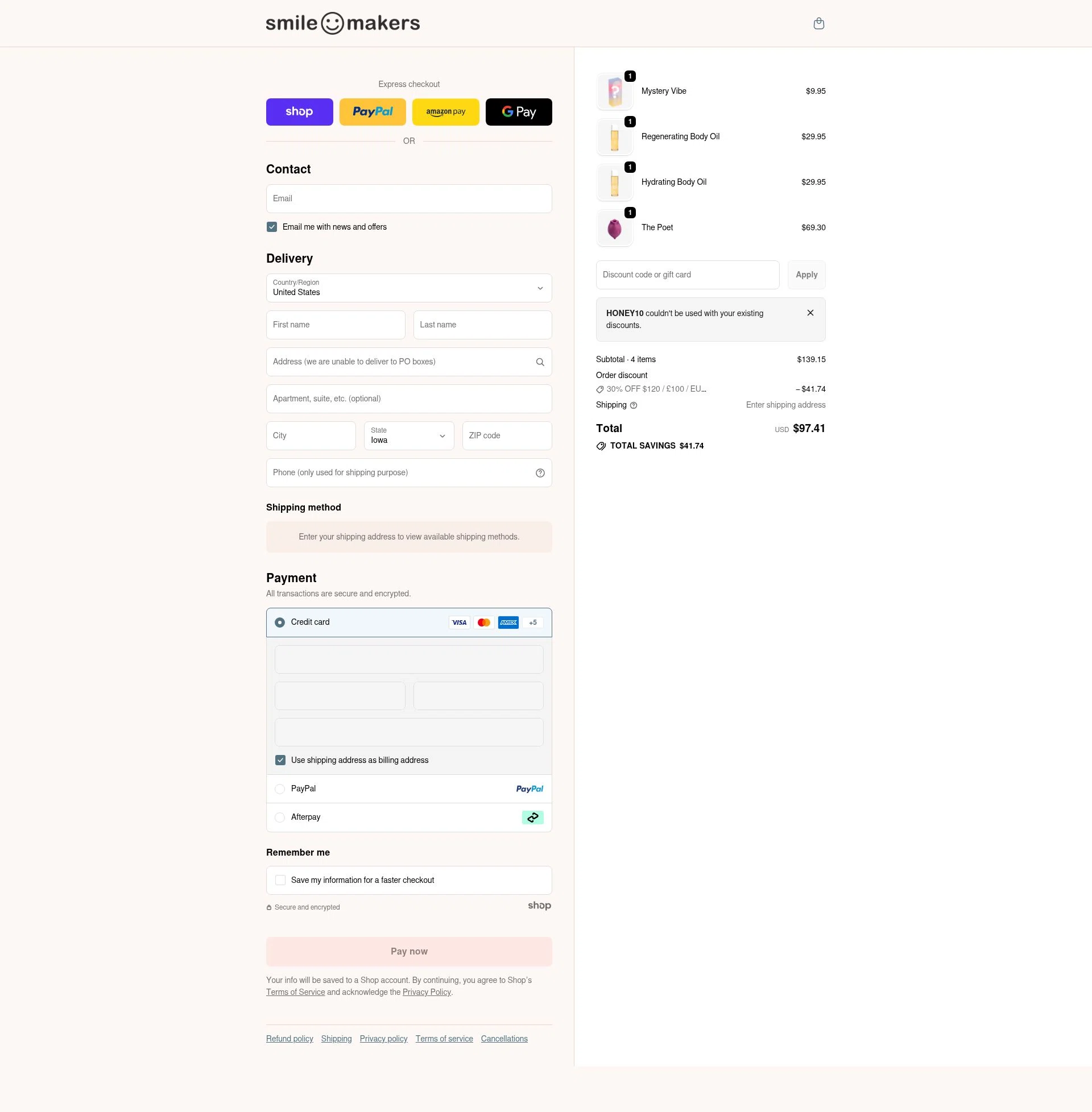 Smile Makers checkout page showing Smile Makers promo code box | Screenshot taken by SimplyCodes community member on Jan 26, 2026