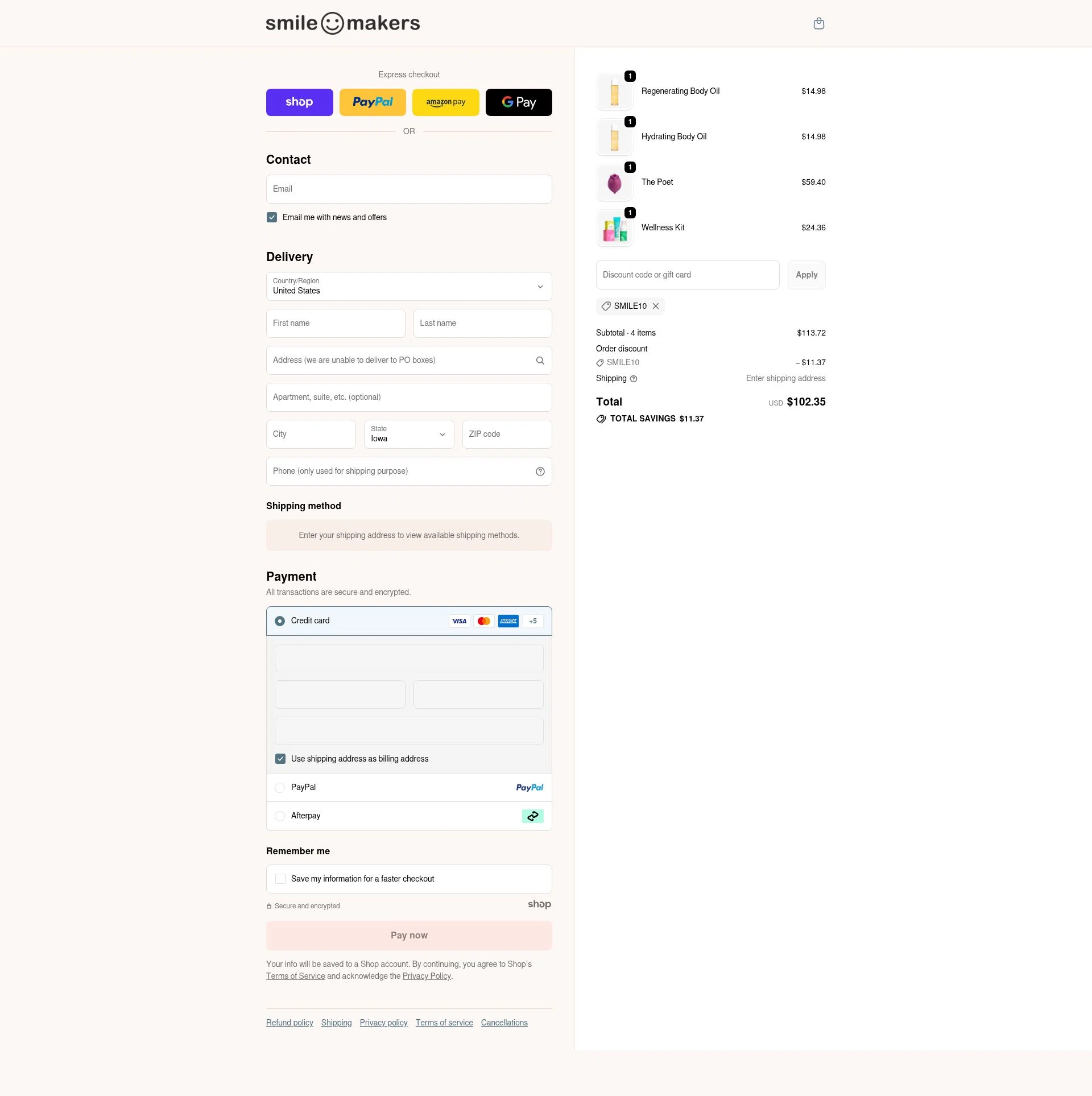 Smile Makers checkout page showing Smile Makers promo code box | Screenshot taken by SimplyCodes community member on Dec 15, 2025