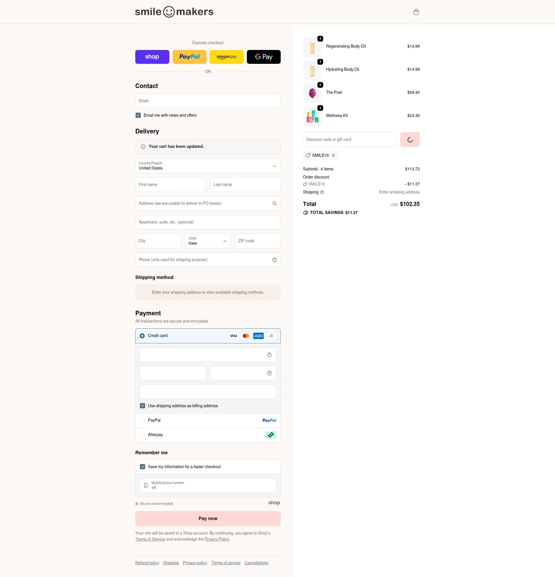 Smile Makers checkout page showing Smile Makers promo code box | Screenshot taken by SimplyCodes community member on Dec 22, 2025