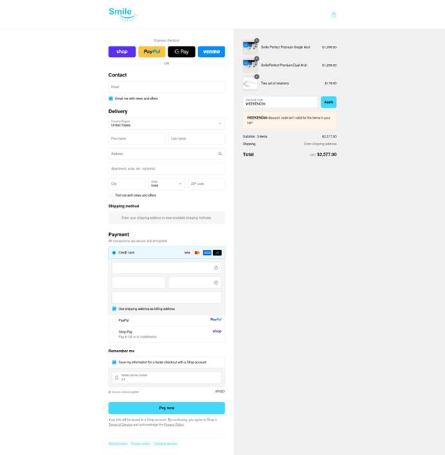 Smile Perfect checkout page showing Smile Perfect discount code box | Screenshot taken by SimplyCodes community member on Sep 13, 2025