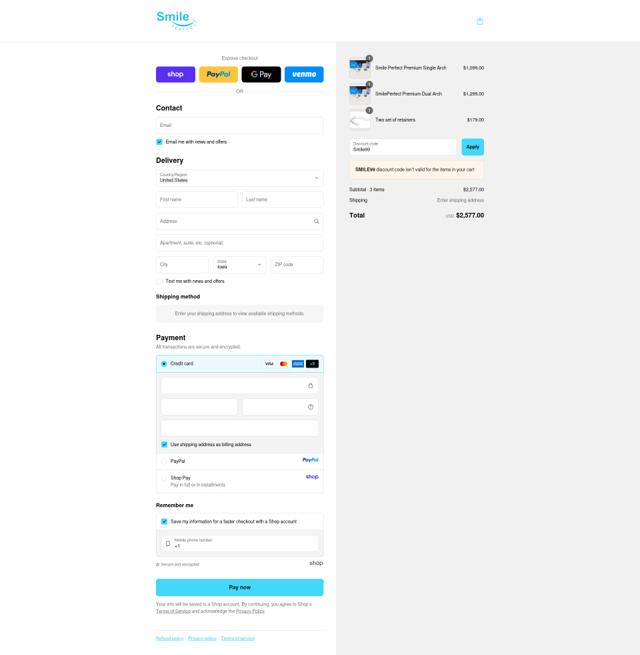 Smile Perfect checkout page showing Smile Perfect discount code box | Screenshot taken by SimplyCodes community member on Sep 13, 2025
