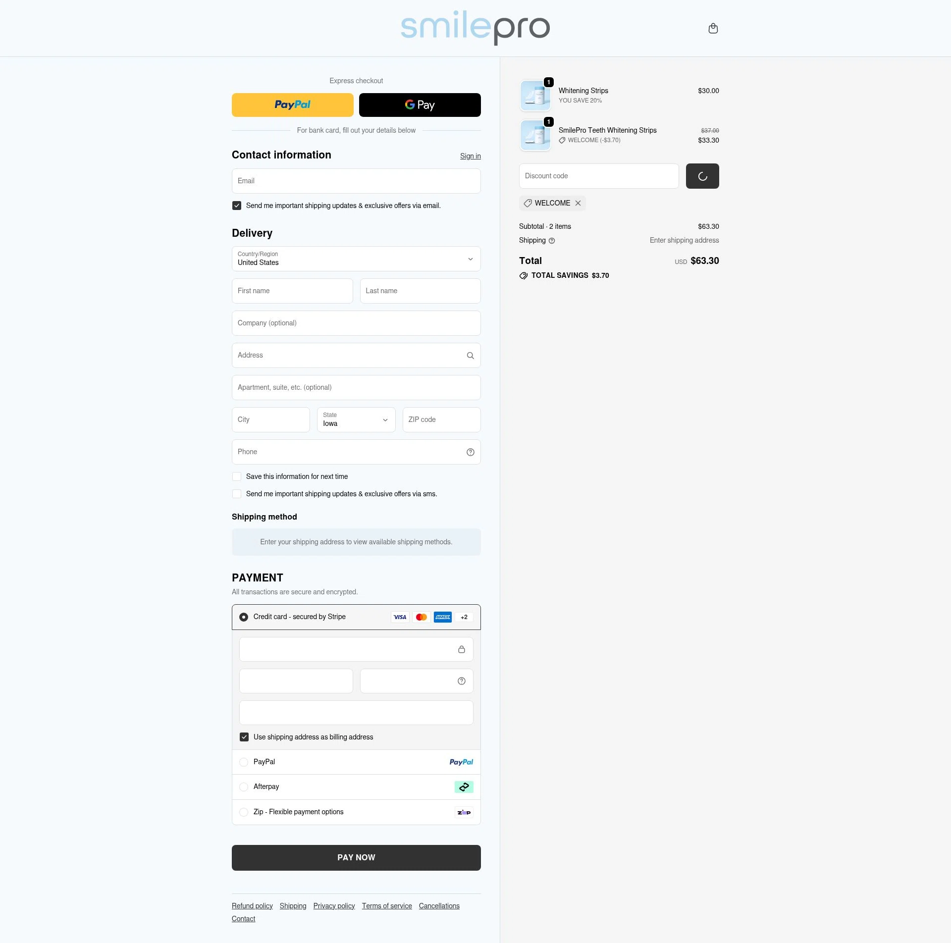 SmilePro Worldwide checkout page showing SmilePro Worldwide promo code box | Screenshot taken by SimplyCodes community member on Feb 17, 2026