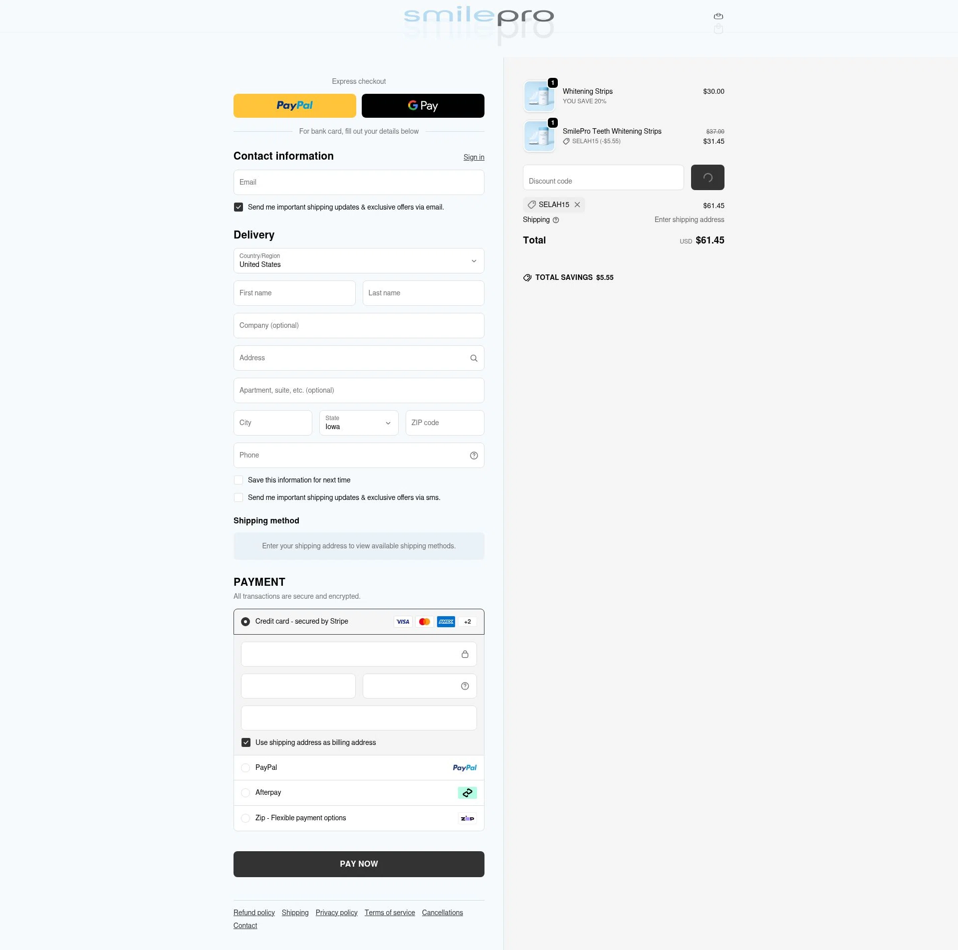 SmilePro Worldwide checkout page showing SmilePro Worldwide promo code box | Screenshot taken by SimplyCodes community member on Feb 11, 2026
