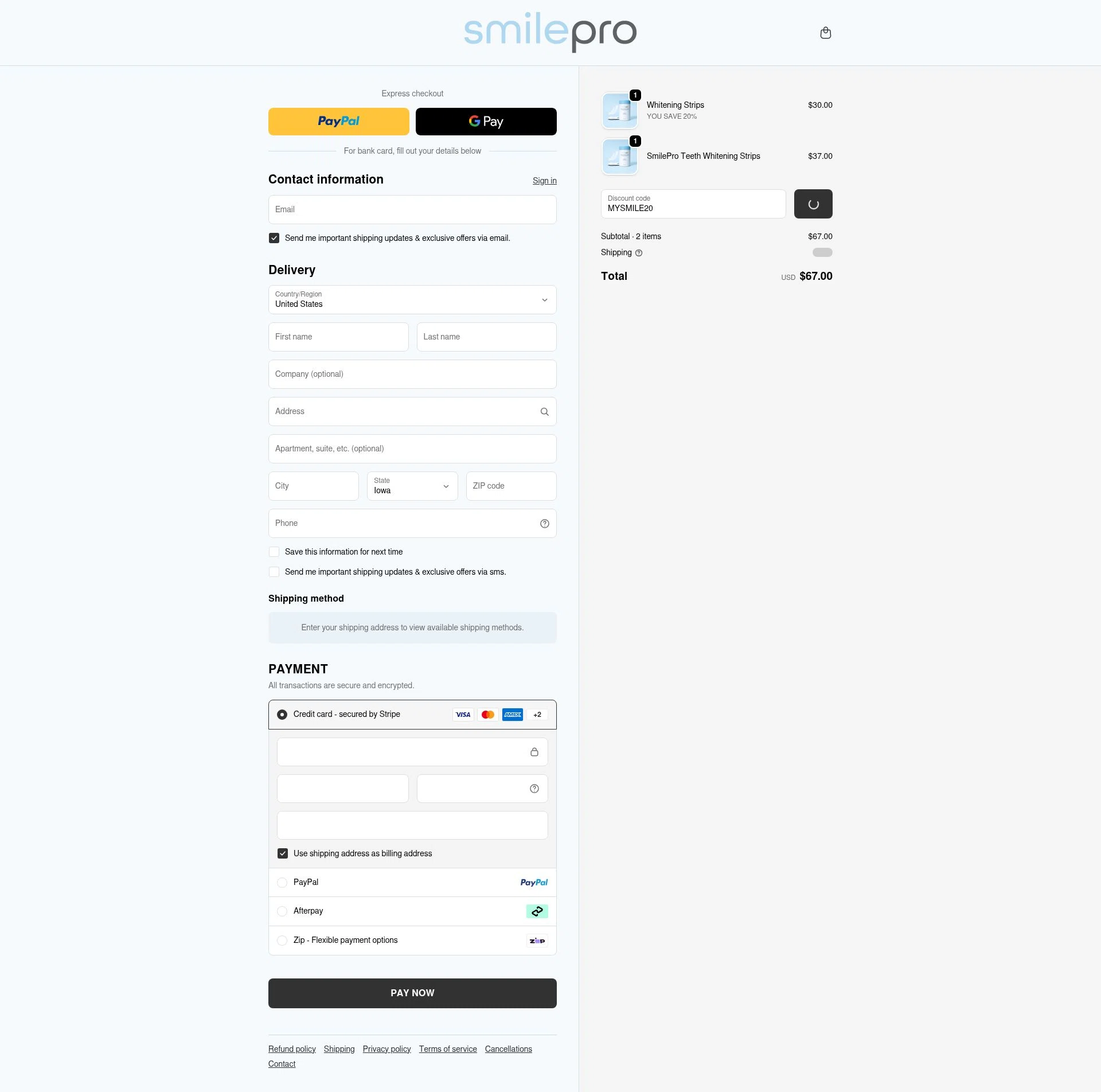 SmilePro Worldwide checkout page showing SmilePro Worldwide promo code box | Screenshot taken by SimplyCodes community member on Feb 13, 2026