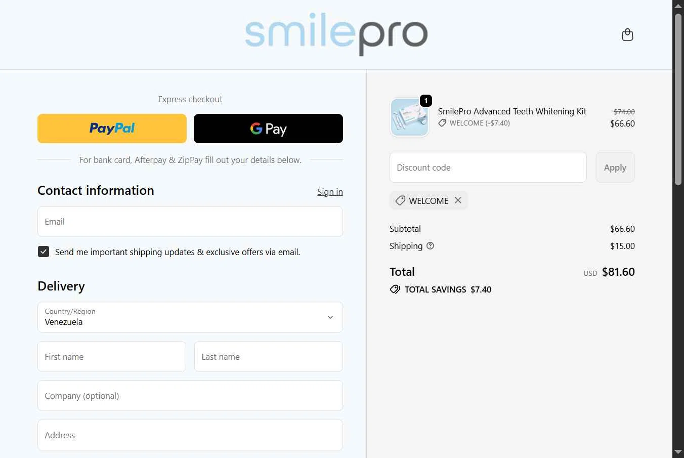 SmilePro Worldwide checkout page showing SmilePro Worldwide promo code box | Screenshot taken by SimplyCodes community member on Feb 13, 2026
