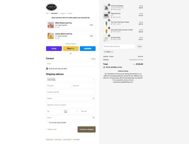 Smith Teamaker checkout page showing Smith Teamaker discount code box | Screenshot taken by SimplyCodes community member on Sep 12, 2025