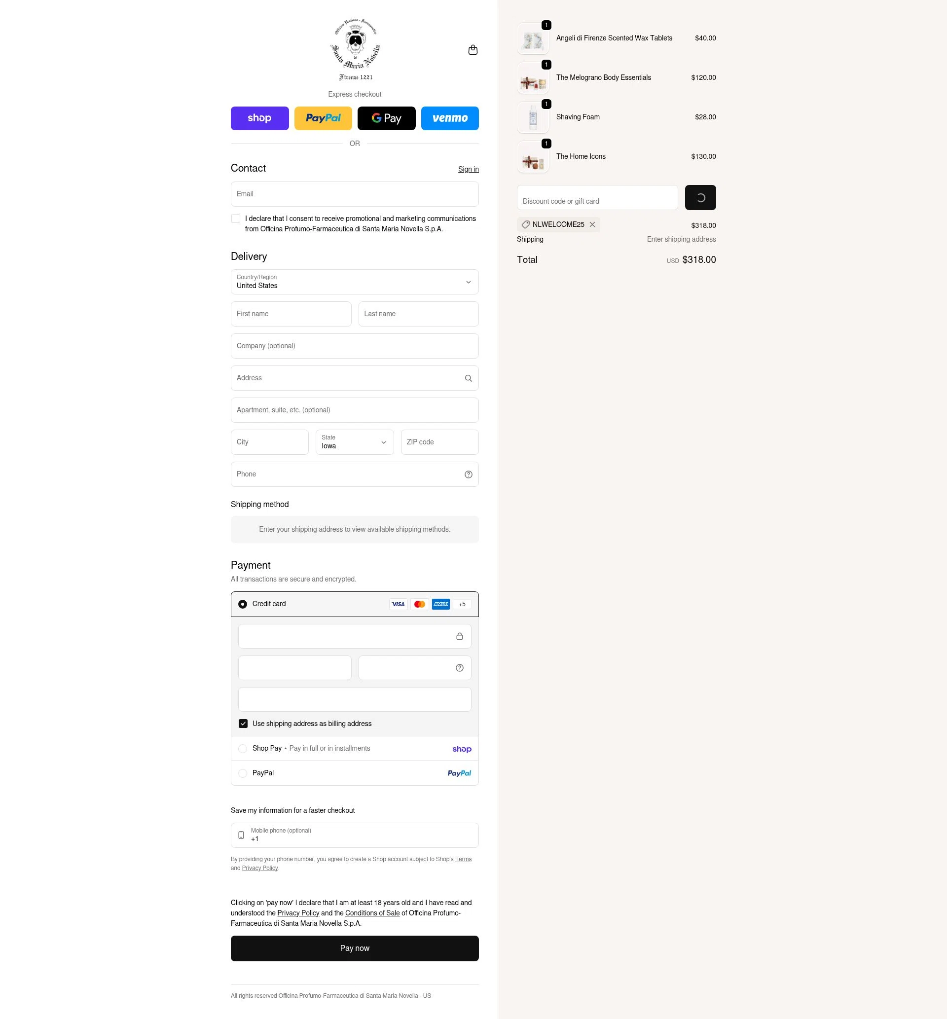 Santa Maria Novella USA checkout page showing Santa Maria Novella USA promo code box | Screenshot taken by SimplyCodes community member on Feb 13, 2026