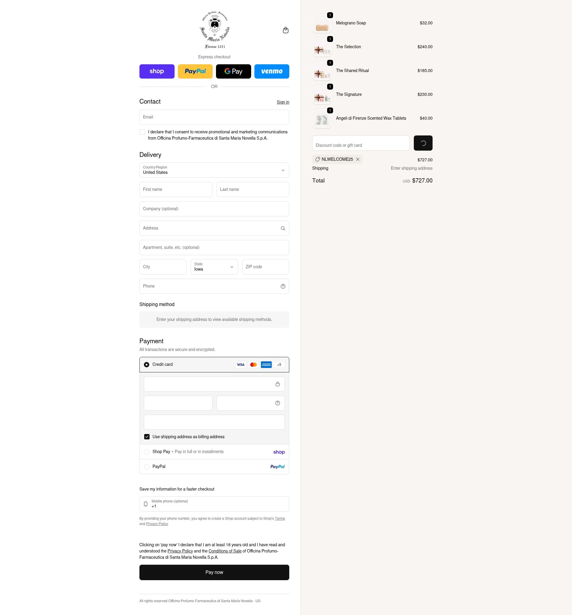Santa Maria Novella USA checkout page showing Santa Maria Novella USA promo code box | Screenshot taken by SimplyCodes community member on Feb 22, 2026