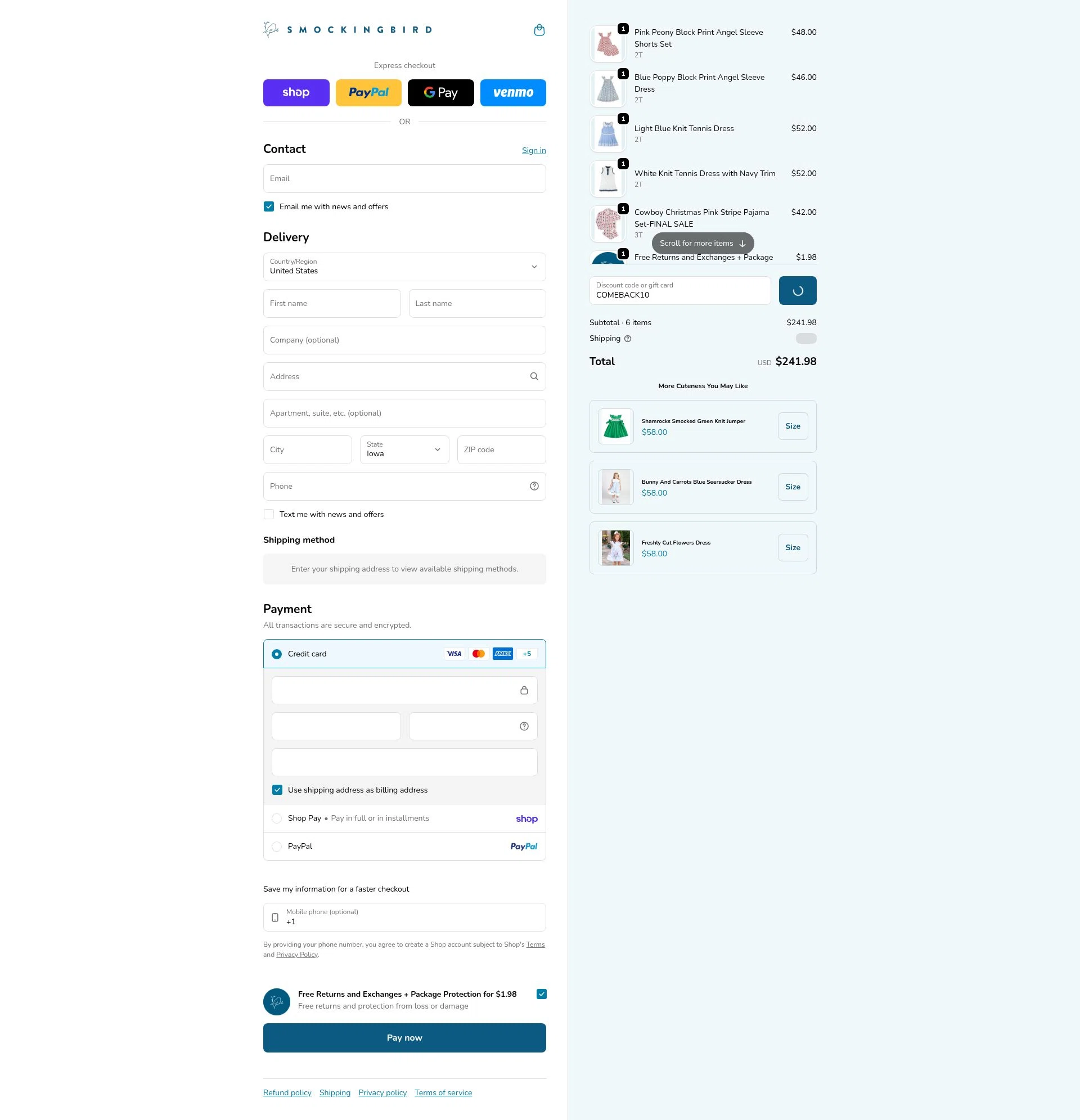 Smockingbird checkout page showing Smockingbird discount code box | Screenshot taken by SimplyCodes community member on Feb 12, 2026