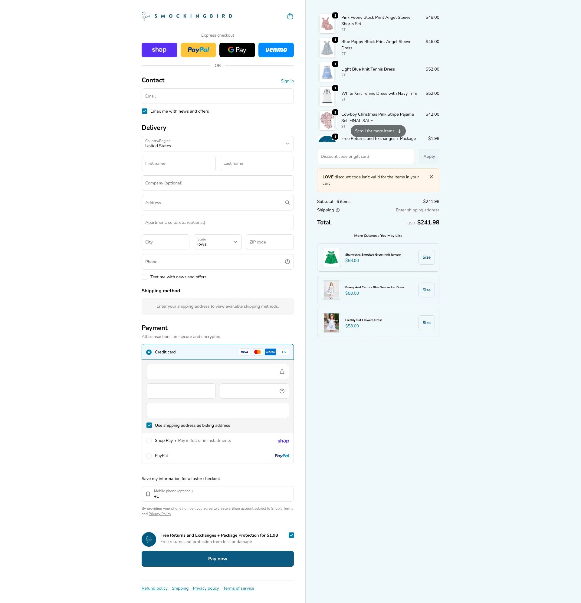 Smockingbird checkout page showing Smockingbird discount code box | Screenshot taken by SimplyCodes community member on Feb 12, 2026