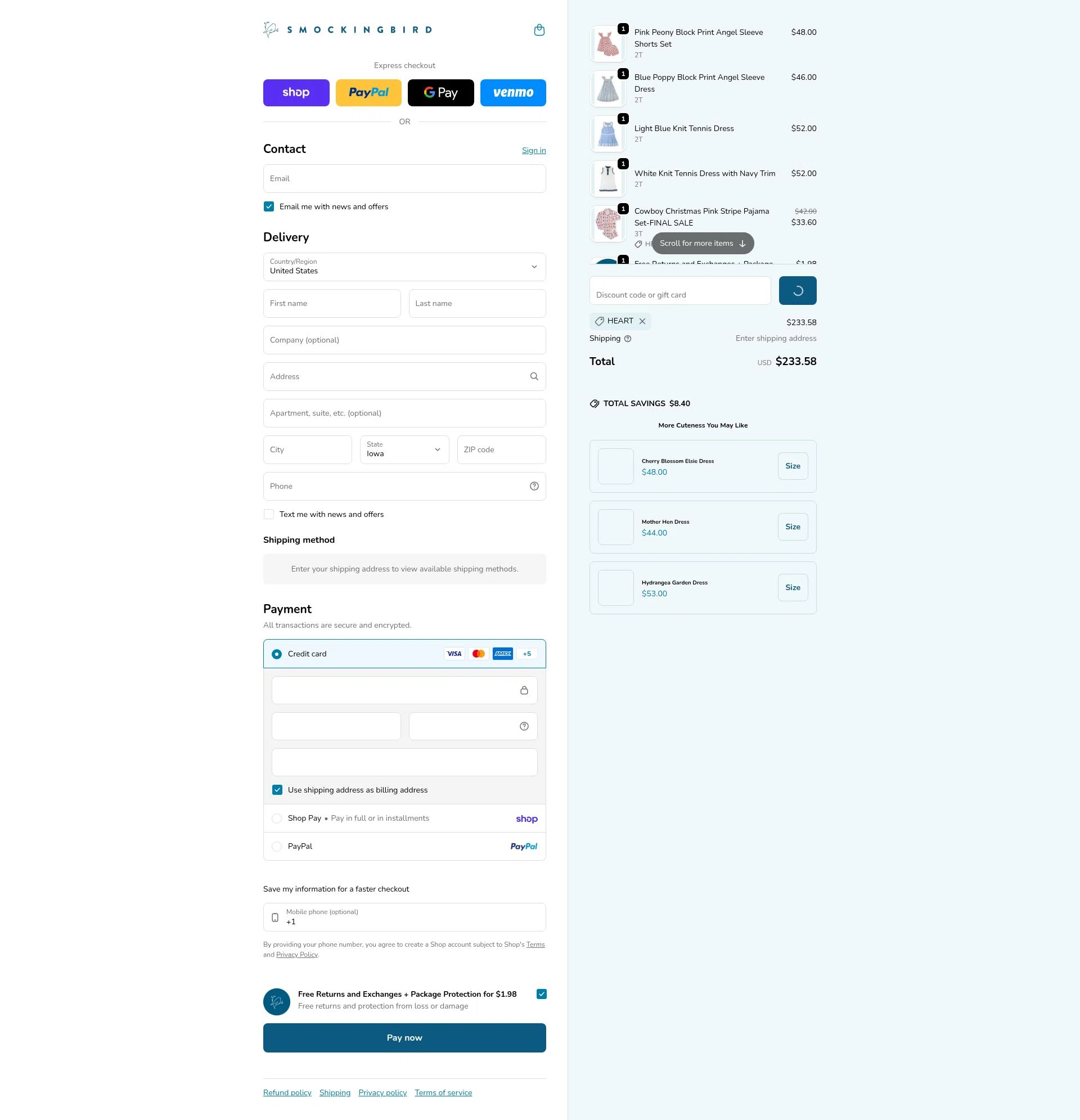 Smockingbird checkout page showing Smockingbird discount code box | Screenshot taken by SimplyCodes community member on Feb 16, 2026