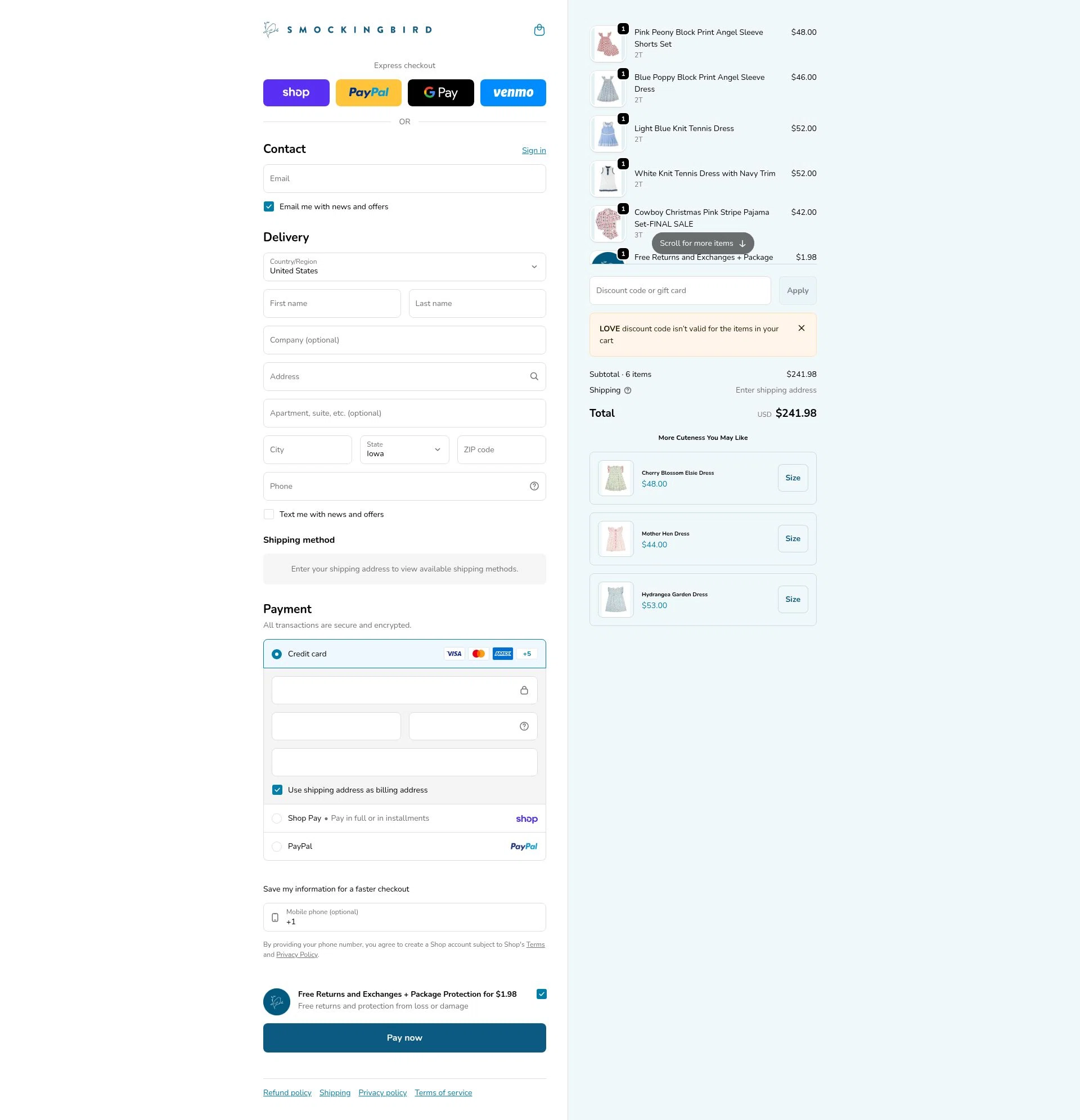 Smockingbird checkout page showing Smockingbird discount code box | Screenshot taken by SimplyCodes community member on Feb 16, 2026