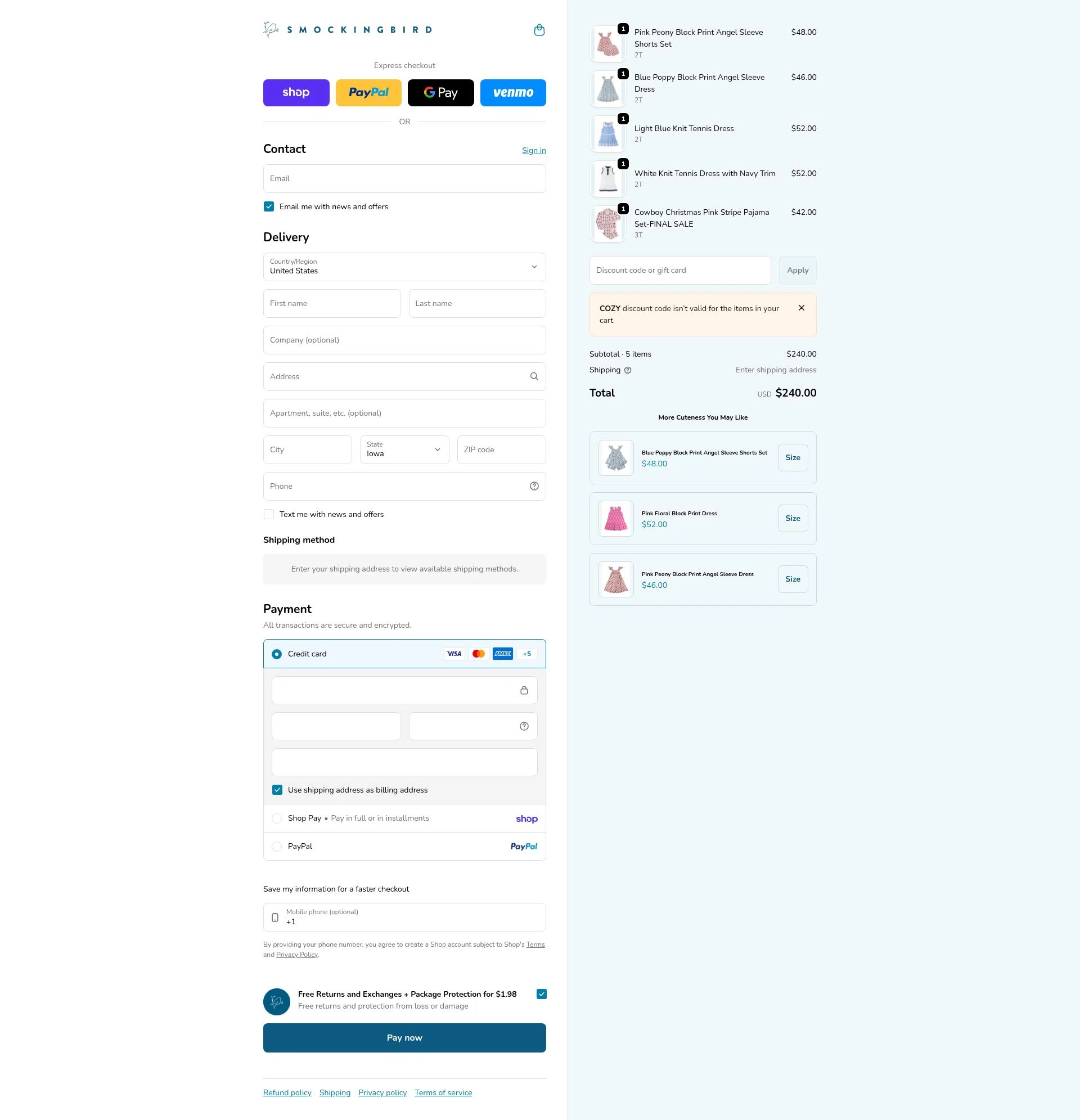 Smockingbird checkout page showing Smockingbird discount code box | Screenshot taken by SimplyCodes community member on Feb 12, 2026
