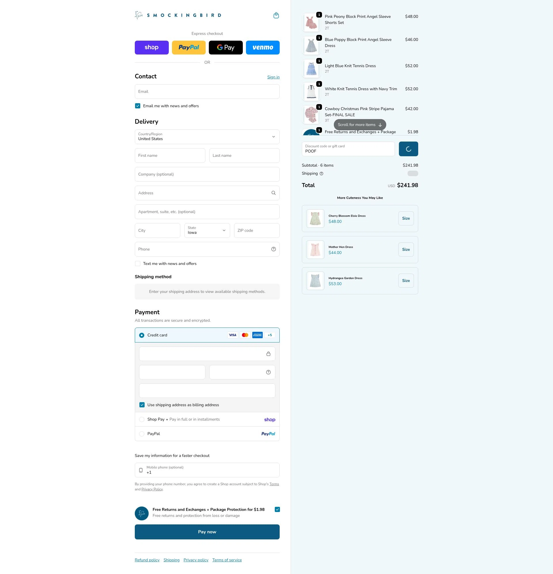 Smockingbird checkout page showing Smockingbird discount code box | Screenshot taken by SimplyCodes community member on Feb 16, 2026