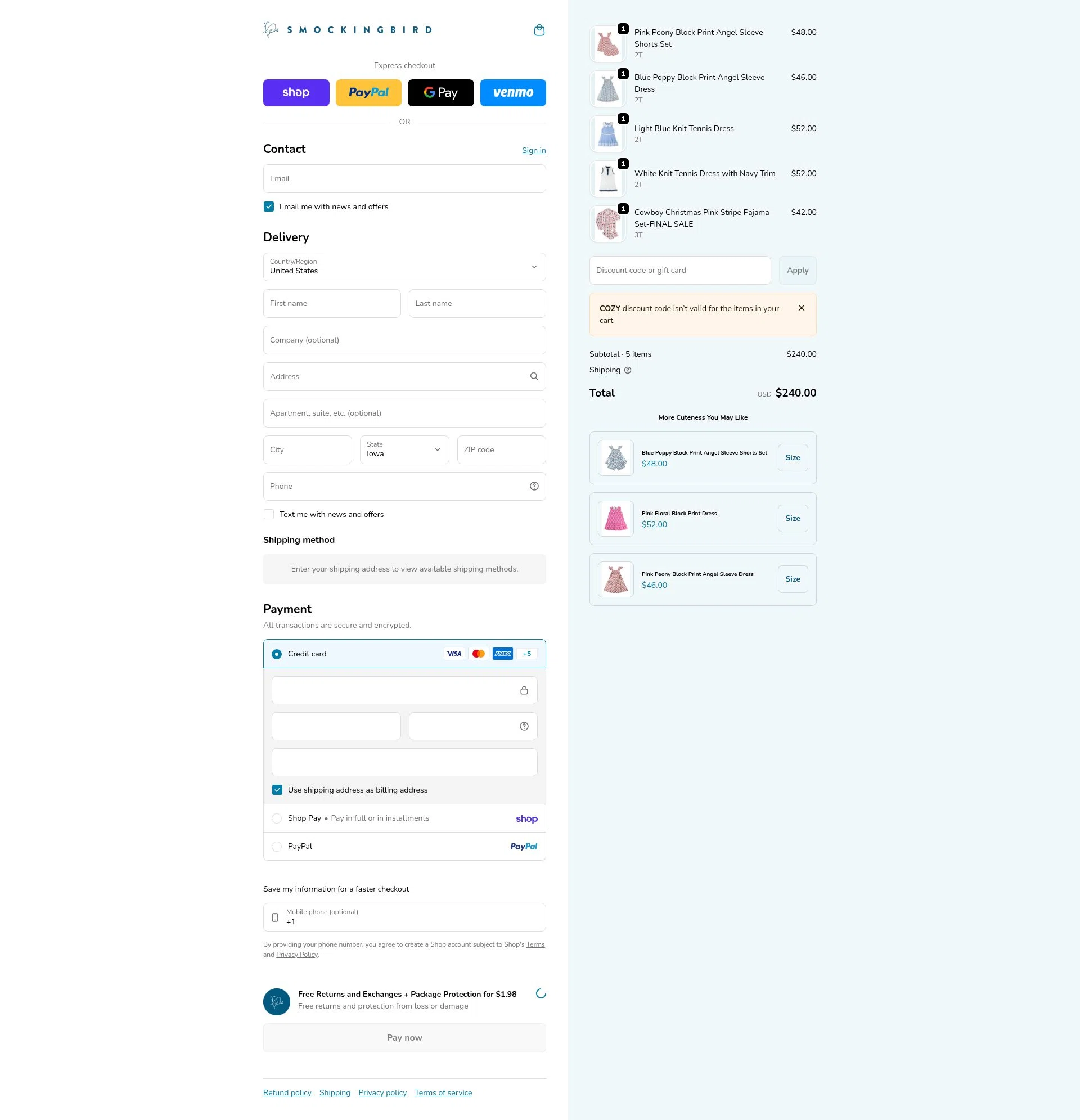 Smockingbird checkout page showing Smockingbird discount code box | Screenshot taken by SimplyCodes community member on Feb 16, 2026