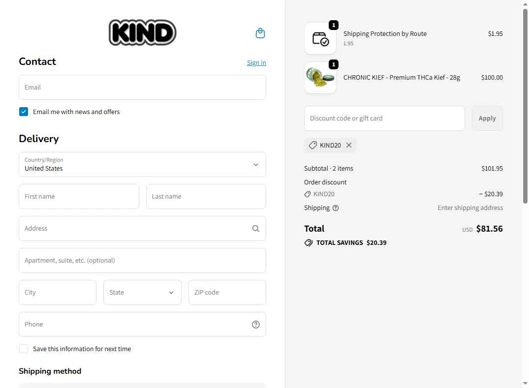 Smoke Kind checkout page showing Smoke Kind discount code box | Screenshot taken by SimplyCodes community member on Jan 30, 2026