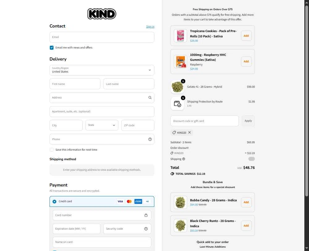 Smoke Kind checkout page showing Smoke Kind discount code box | Screenshot taken by SimplyCodes community member on Jan 1, 2026