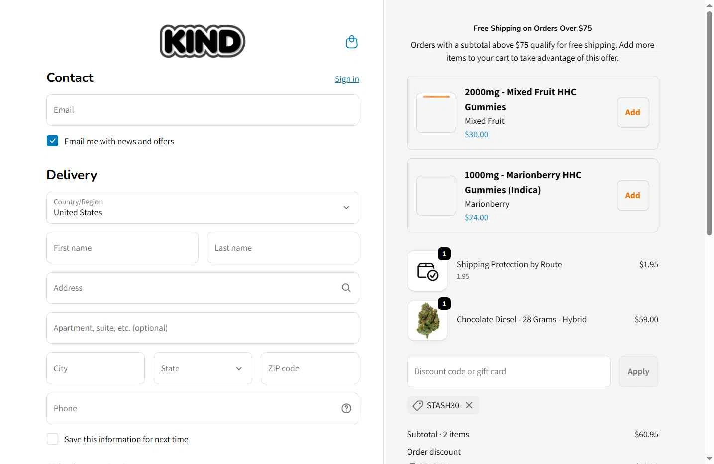 Smoke Kind checkout page showing Smoke Kind discount code box | Screenshot taken by SimplyCodes community member on Jan 9, 2026