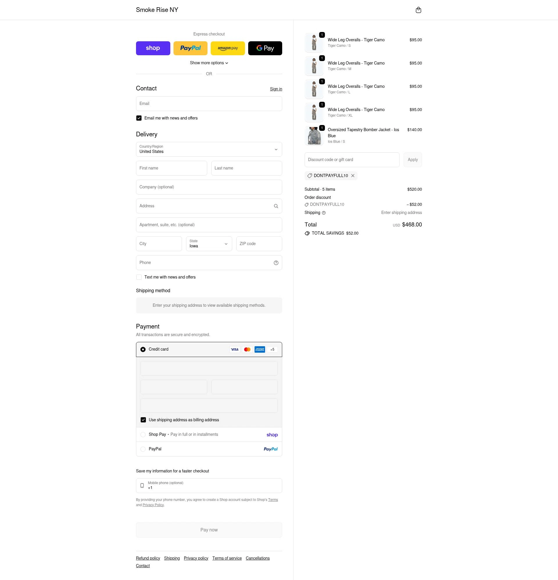 Smoke Rise NY checkout page showing Smoke Rise NY promo code box | Screenshot taken by SimplyCodes community member on Jan 30, 2026
