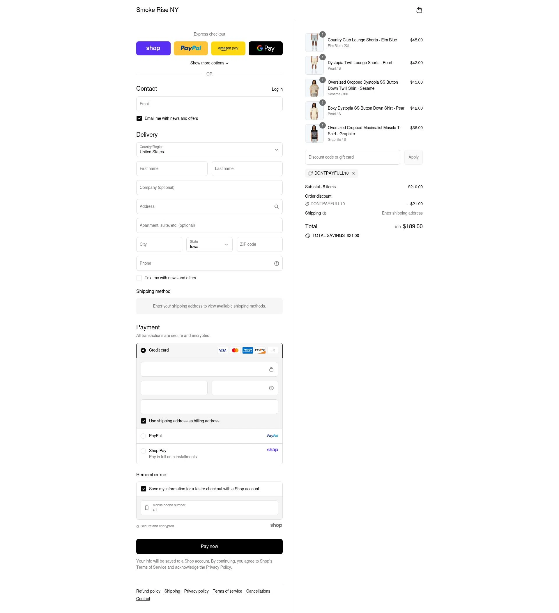 Smoke Rise NY checkout page showing Smoke Rise NY promo code box | Screenshot taken by SimplyCodes community member on Aug 30, 2025