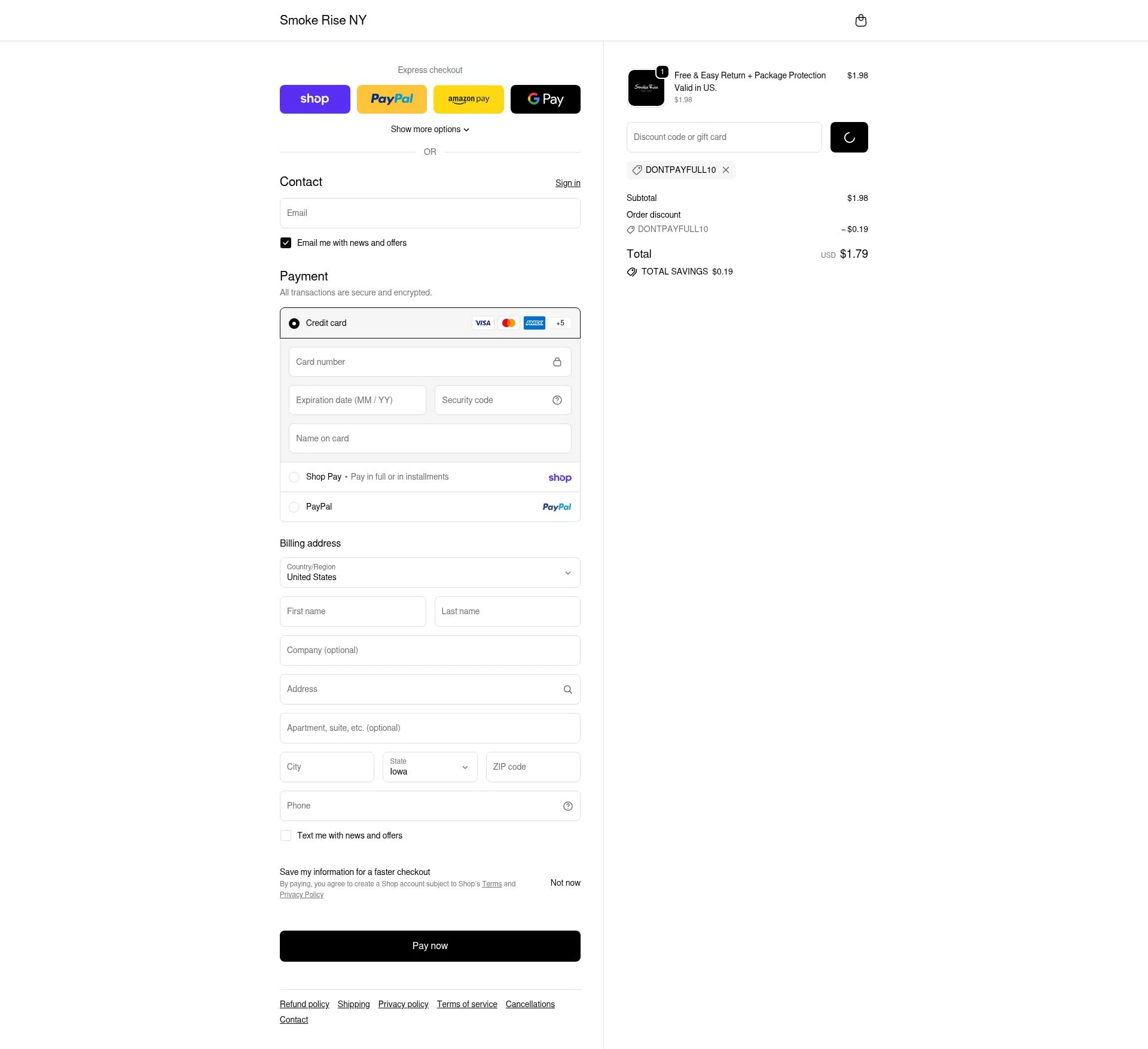 Smoke Rise NY checkout page showing Smoke Rise NY promo code box | Screenshot taken by SimplyCodes community member on Feb 17, 2026